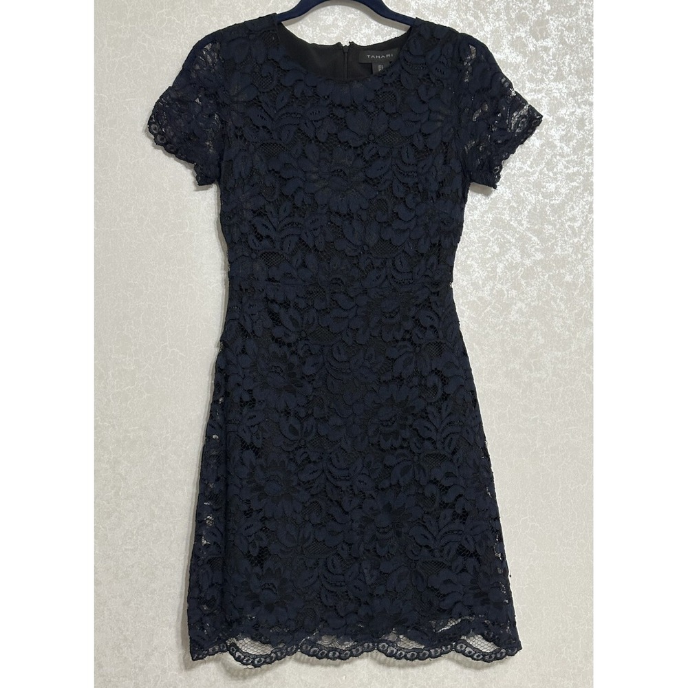 Tahari NWT Navy Blue‎ Lace Sheath Short Sleeve Cocktail Dress Black Lined 6
